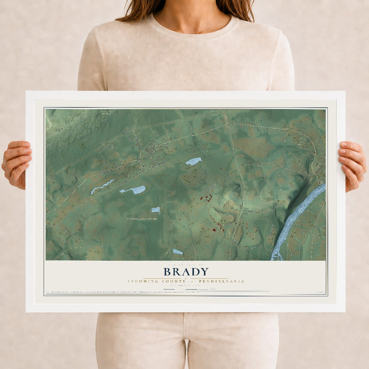 Map of Brady, Lycoming County, Pennsylvania, 12 x 18 inch print in a white wood frame