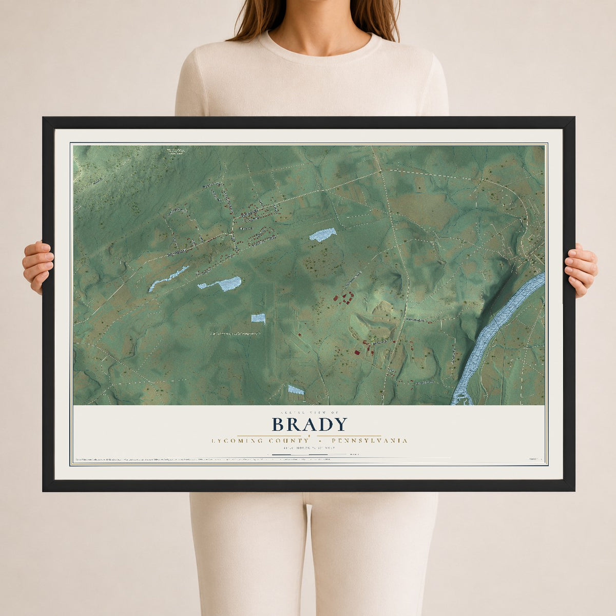 Map of Brady, Lycoming County, Pennsylvania, 24 x 36 inch print in a black wood frame
