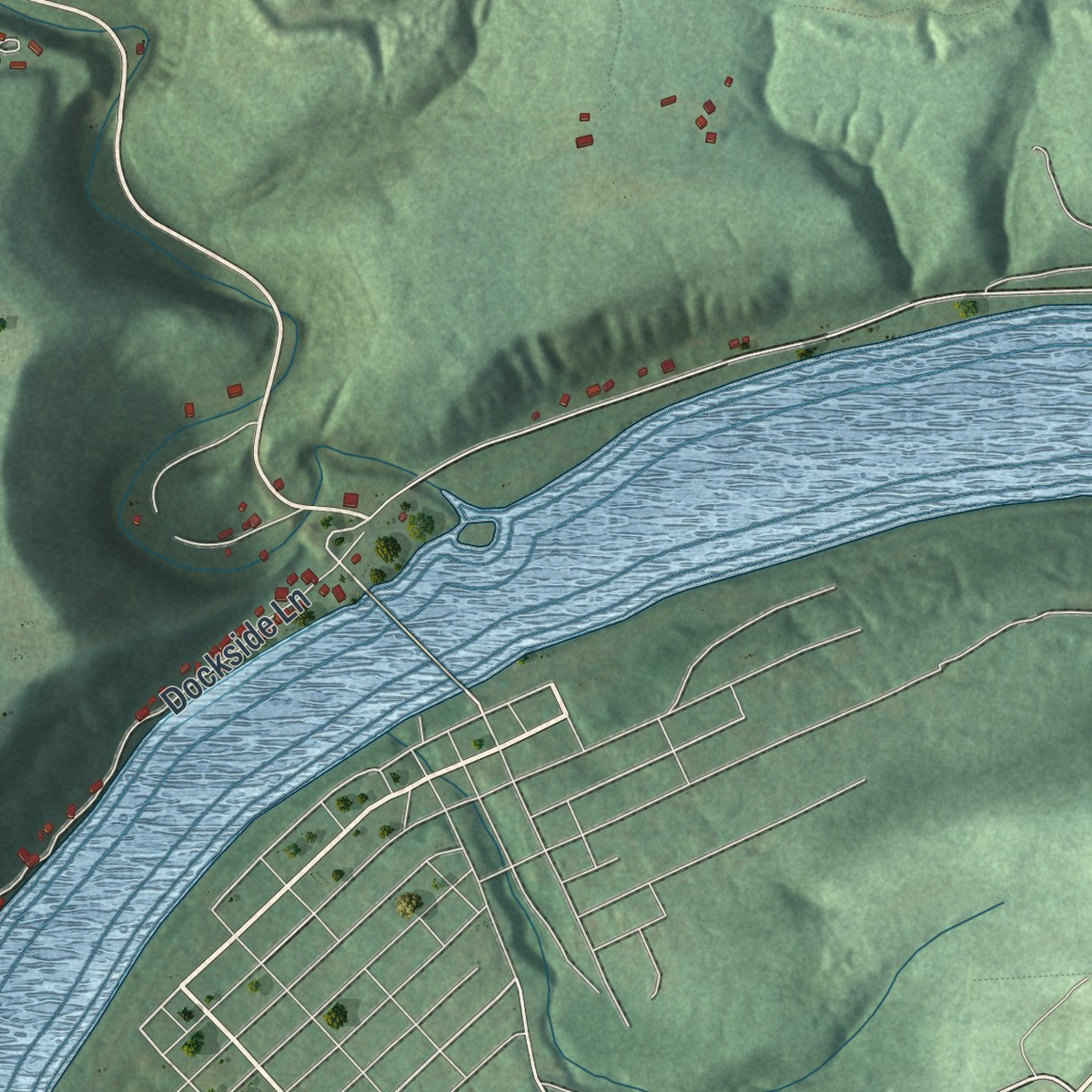 Close-up of the map of Bradys Bend, Pennsylvania print showing street and building detail
