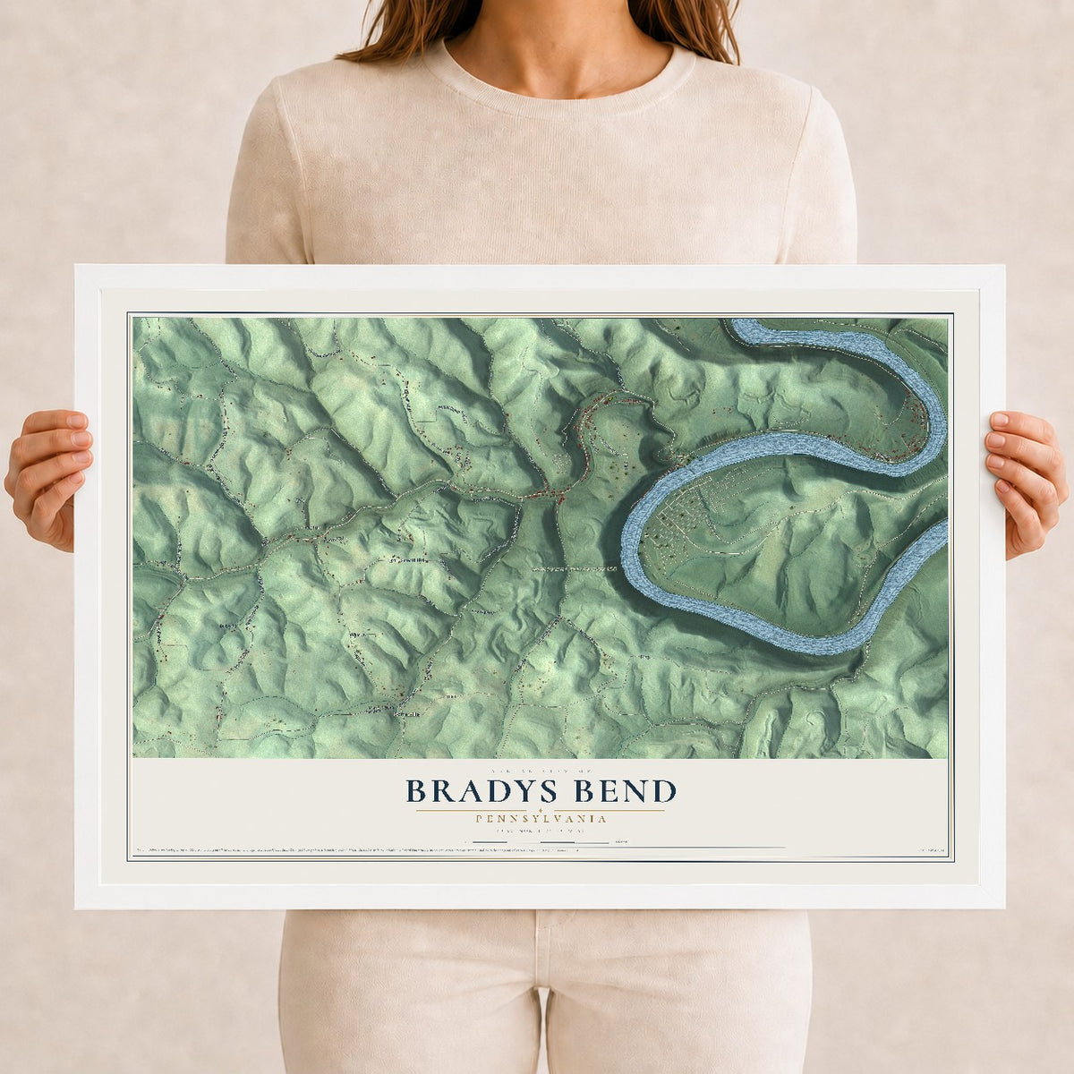 Map of Bradys Bend, Pennsylvania, 12 x 18 inch print in a white wood frame