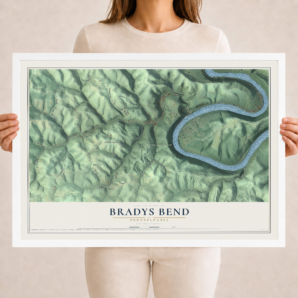 Map of Bradys Bend, Pennsylvania, 18 x 24 inch print in a white wood frame