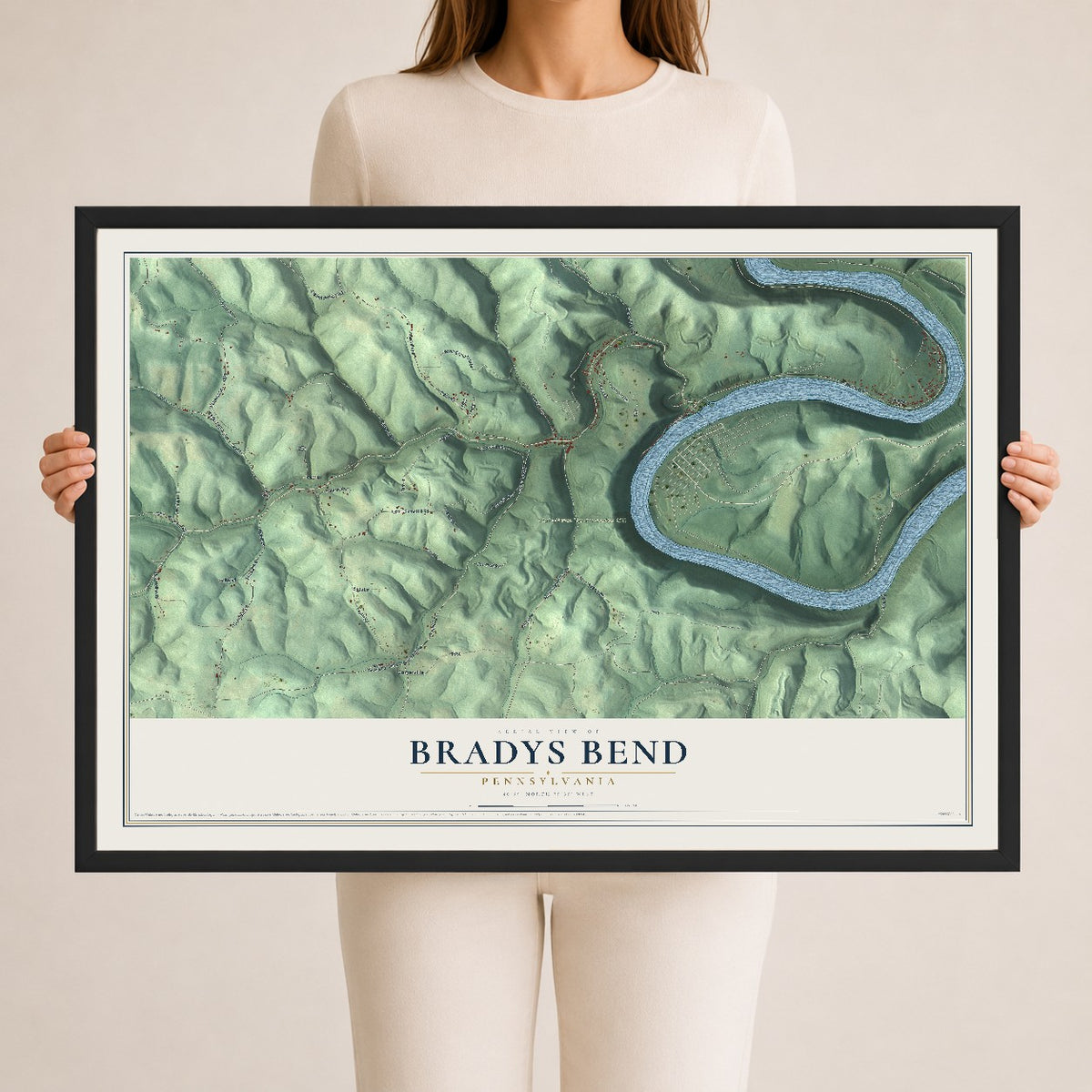 Map of Bradys Bend, Pennsylvania, 24 x 36 inch print in a black wood frame