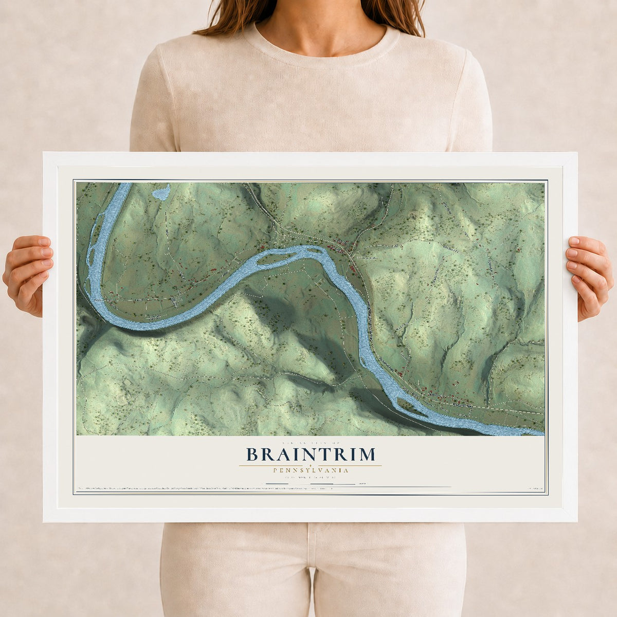 Map of Braintrim, Pennsylvania, 12 x 18 inch print in a white wood frame