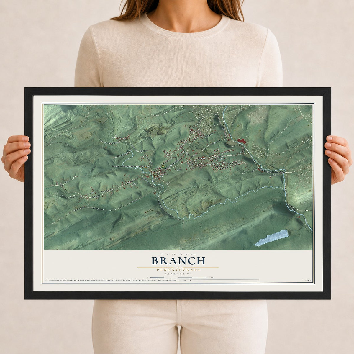 Map of Branch, Pennsylvania, 12 x 18 inch print in a black wood frame
