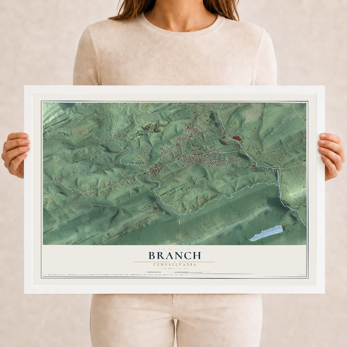 Map of Branch, Pennsylvania, 12 x 18 inch print in a white wood frame