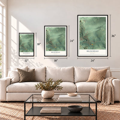 Branchdale, Pennsylvania map in 12 x 18, 18 x 24 and 24 x 36 inch sizes above a sofa