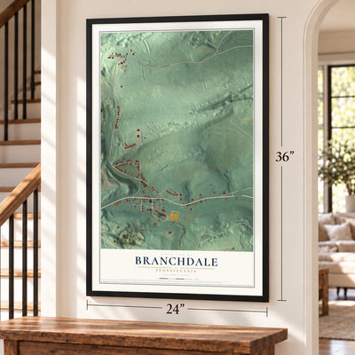 Branchdale, Pennsylvania map, 24 x 36 inch print in a black frame by a staircase