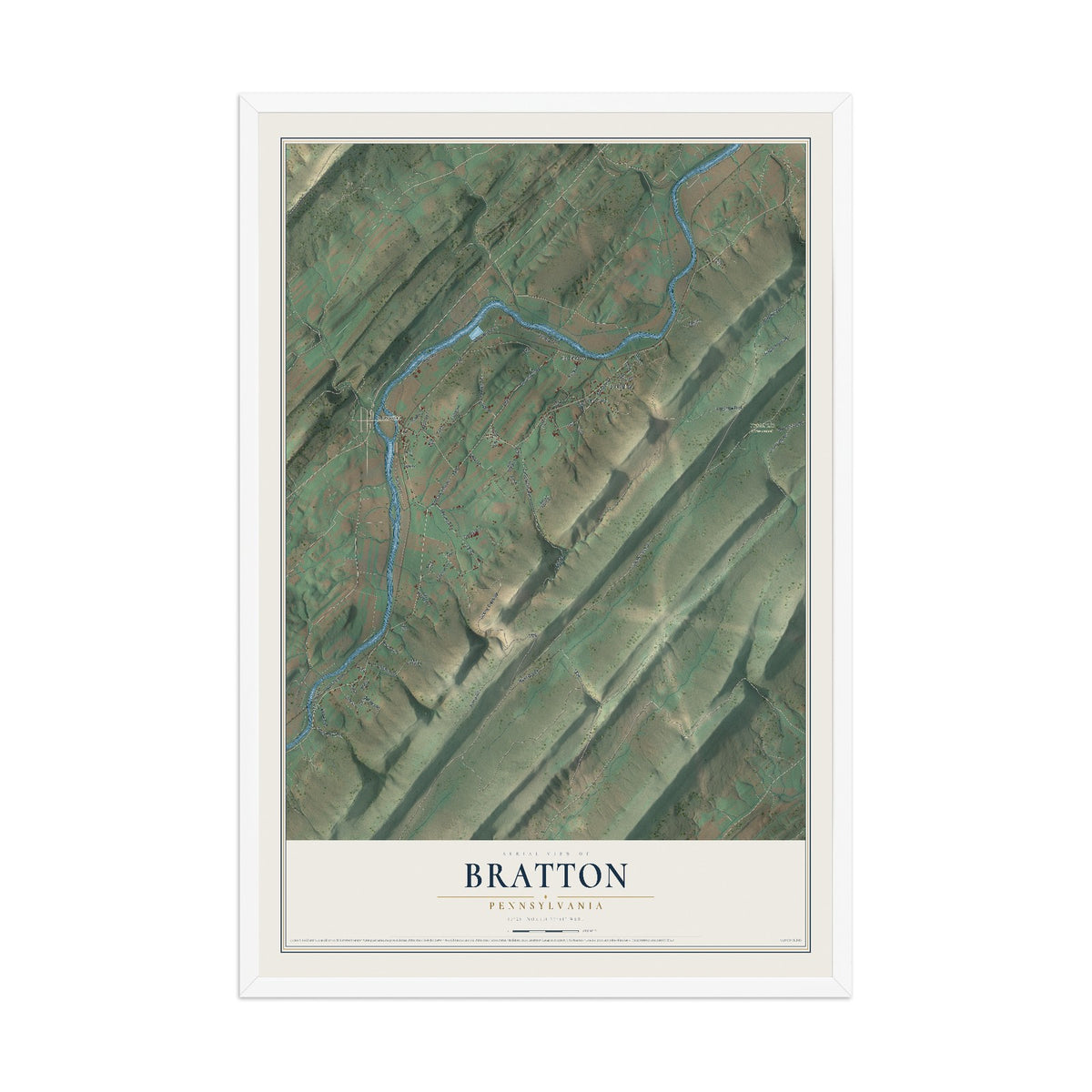 Map of Bratton, Pennsylvania, 12 x 18 inch print in a white wood frame