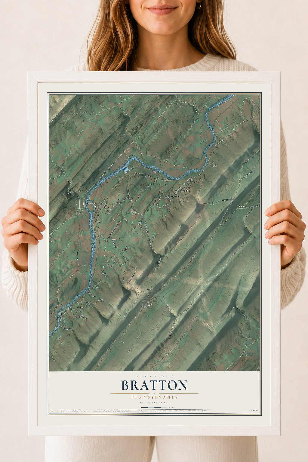 Map of Bratton, Pennsylvania, 18 x 24 inch print in a white wood frame