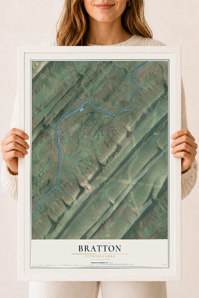 Map of Bratton, Pennsylvania, 18 x 24 inch print in a white wood frame