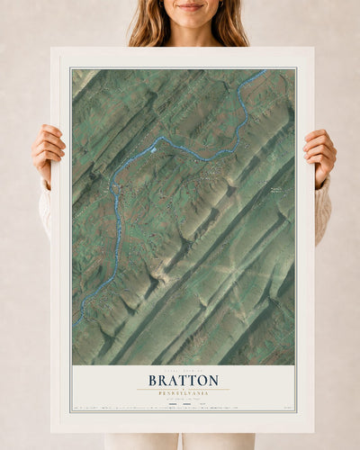 Map of Bratton, Pennsylvania, 24 x 36 inch print in a white wood frame