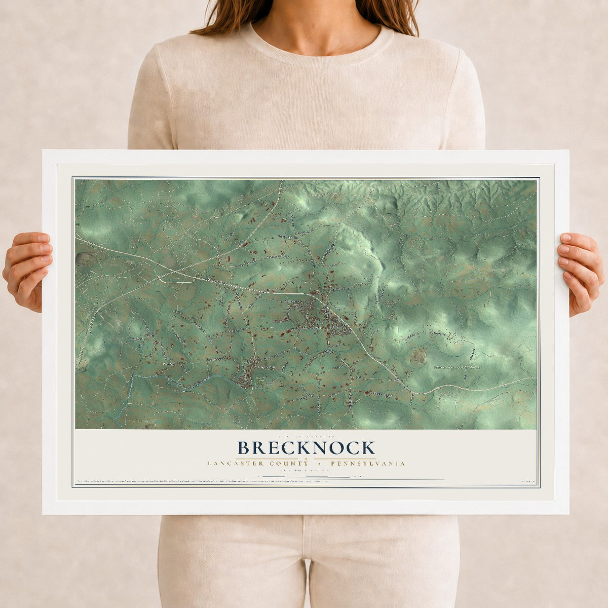 Map of Brecknock, Lancaster County, Pennsylvania, 12 x 18 inch print in a white wood frame