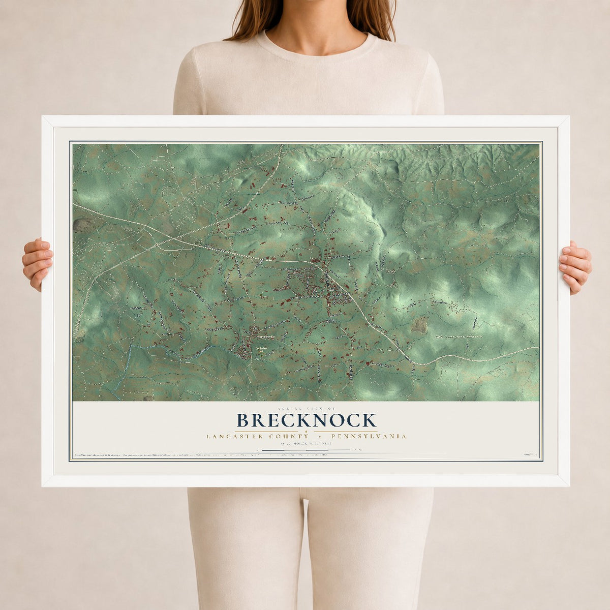 Map of Brecknock, Lancaster County, Pennsylvania, 24 x 36 inch print in a white wood frame