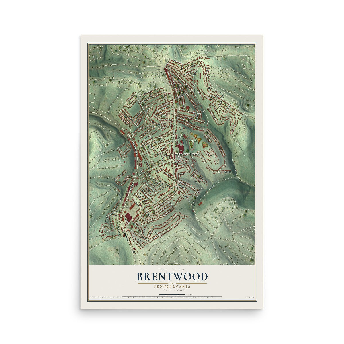 Map of Brentwood, Pennsylvania, 12 x 18 inch unframed archival matte print