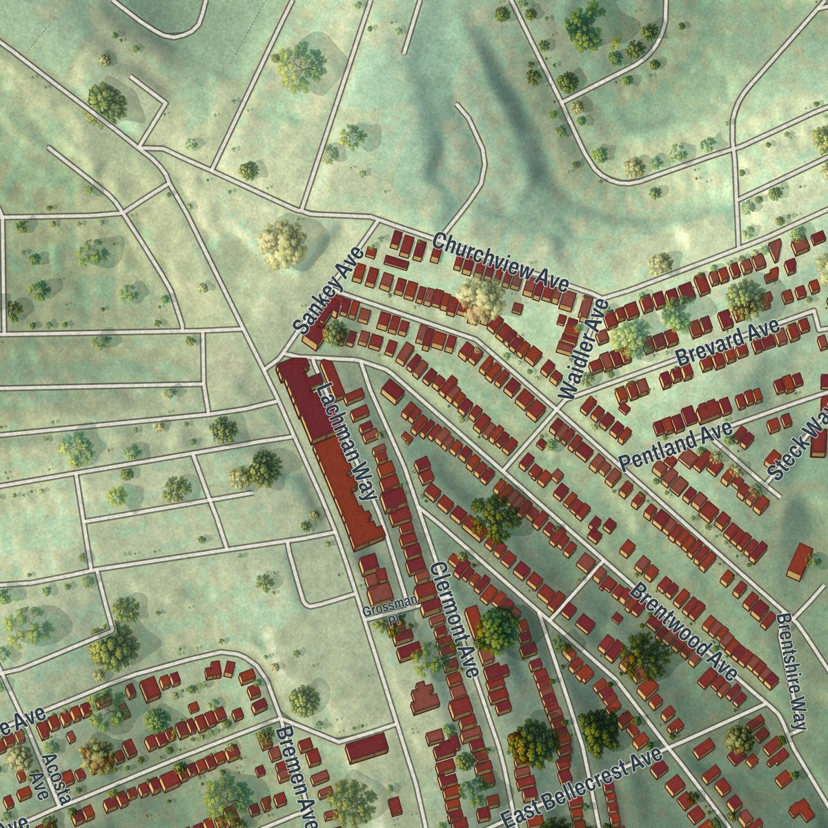 Second close-up of the map of Brentwood, Pennsylvania print showing more streets and buildings