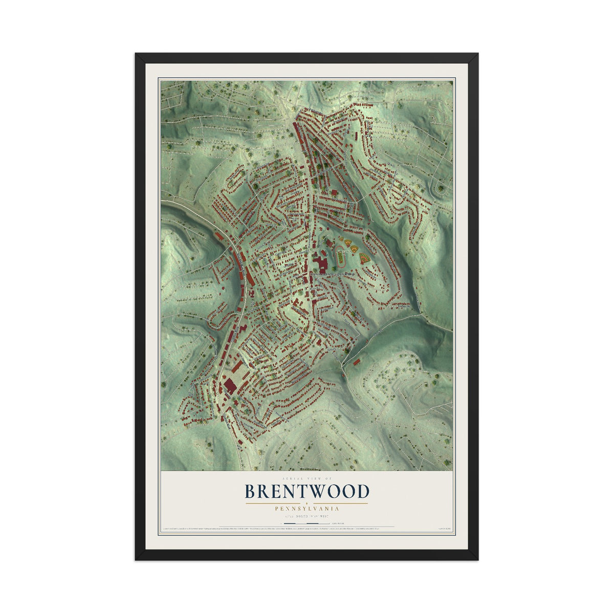 Map of Brentwood, Pennsylvania, 12 x 18 inch print in a black wood frame