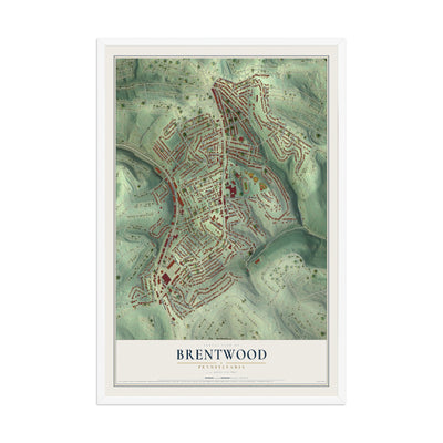 Map of Brentwood, Pennsylvania, 12 x 18 inch print in a white wood frame