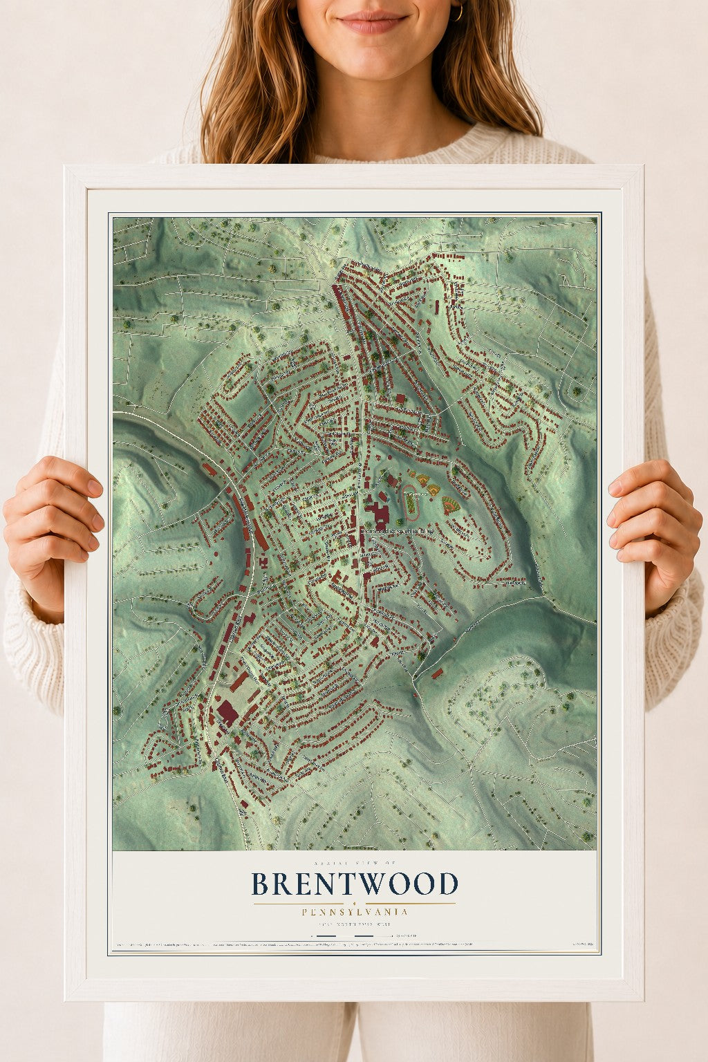 Map of Brentwood, Pennsylvania, 18 x 24 inch print in a white wood frame