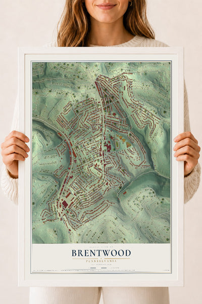 Map of Brentwood, Pennsylvania, 18 x 24 inch print in a white wood frame