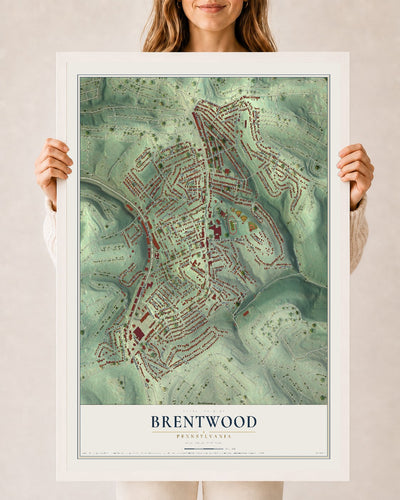 Map of Brentwood, Pennsylvania, 24 x 36 inch print in a white wood frame