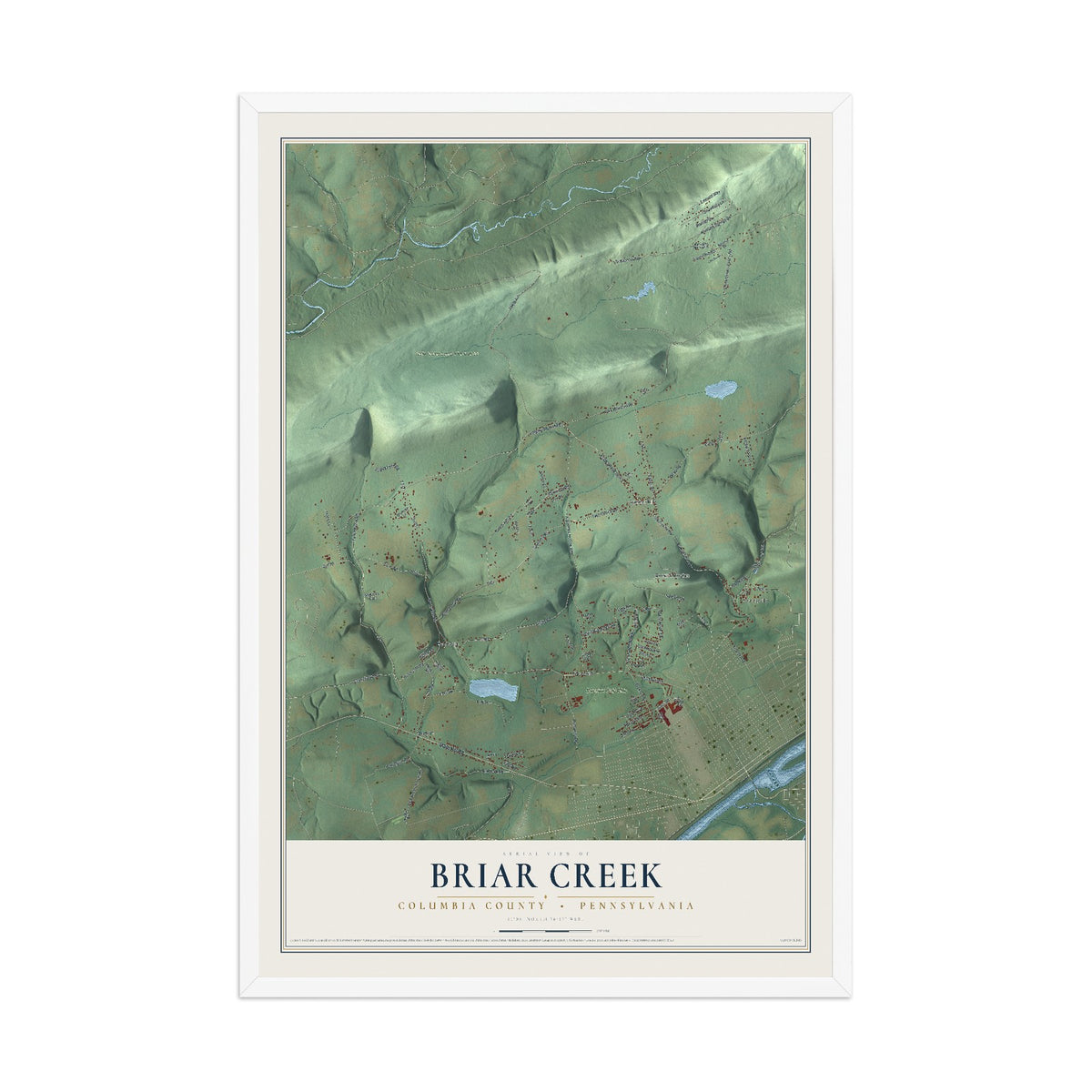 Map of Briar Creek, Columbia County, Pennsylvania, 12 x 18 inch print in a white wood frame
