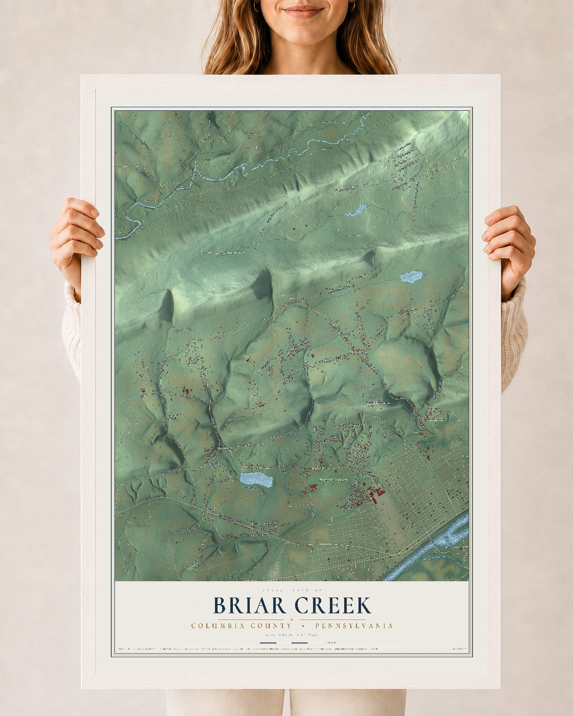 Map of Briar Creek, Columbia County, Pennsylvania, 24 x 36 inch print in a white wood frame