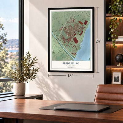 Bridesburg, Pennsylvania map, 18 x 24 inch print in a black frame in a home office
