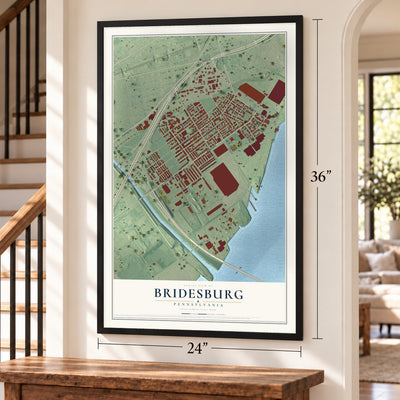 Bridesburg, Pennsylvania map, 24 x 36 inch print in a black frame by a staircase