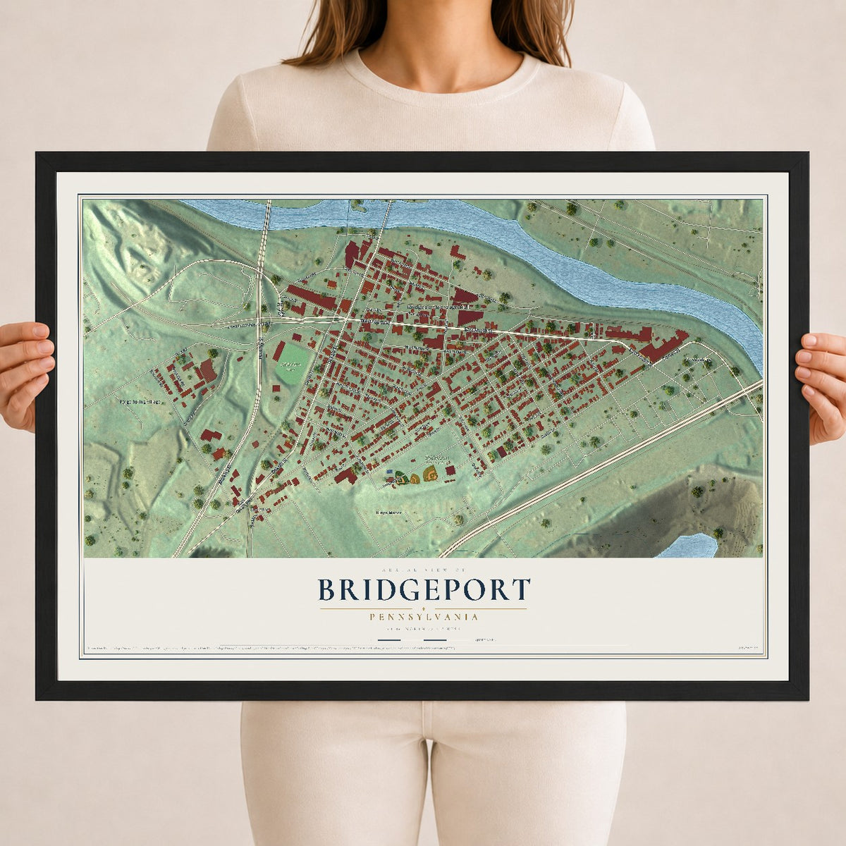 Map of Bridgeport, Pennsylvania, 18 x 24 inch print in a black wood frame