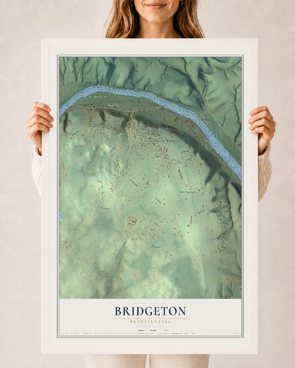 Map of Bridgeton, Pennsylvania, 24 x 36 inch print in a white wood frame