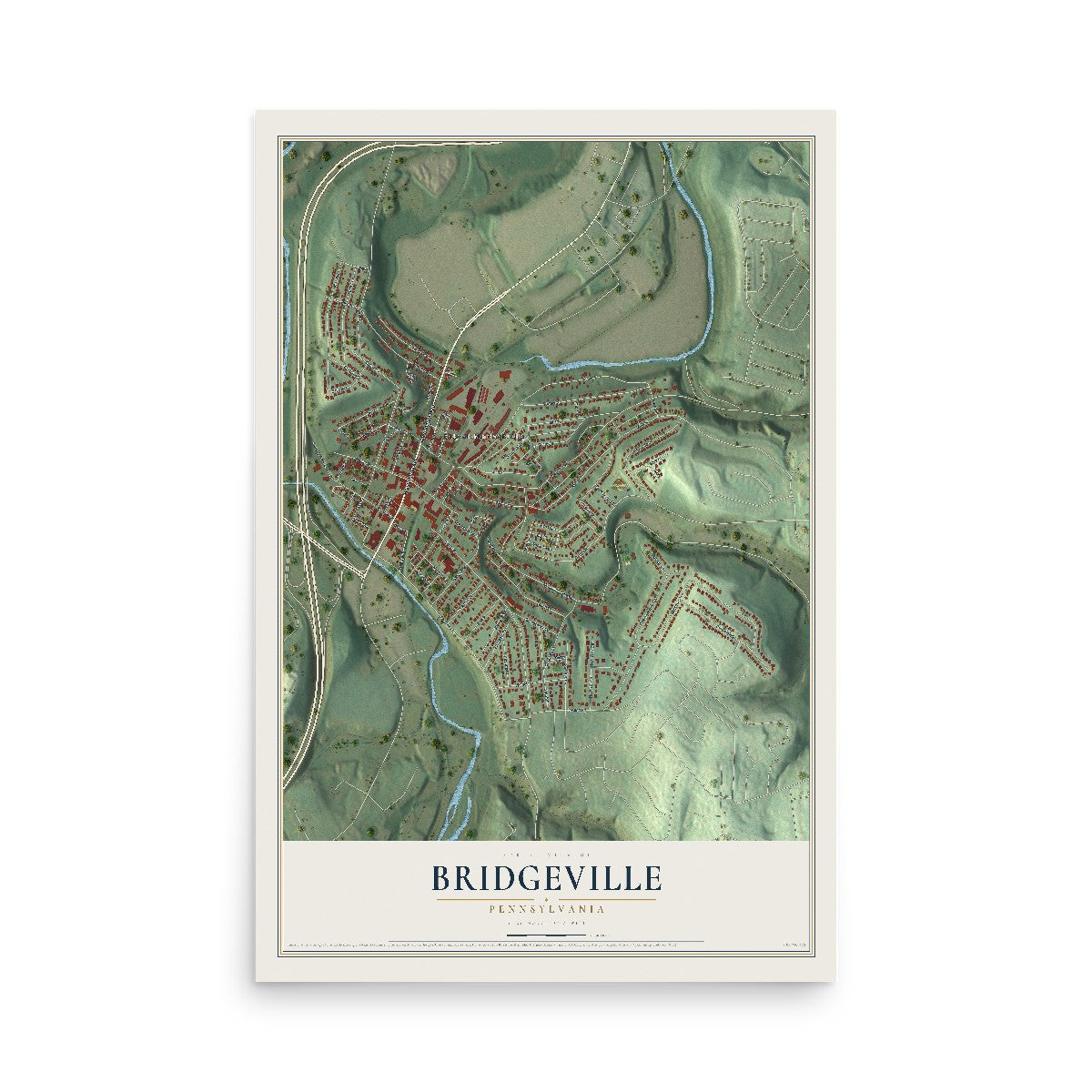 Map of Bridgeville, Pennsylvania, 12 x 18 inch unframed archival matte print