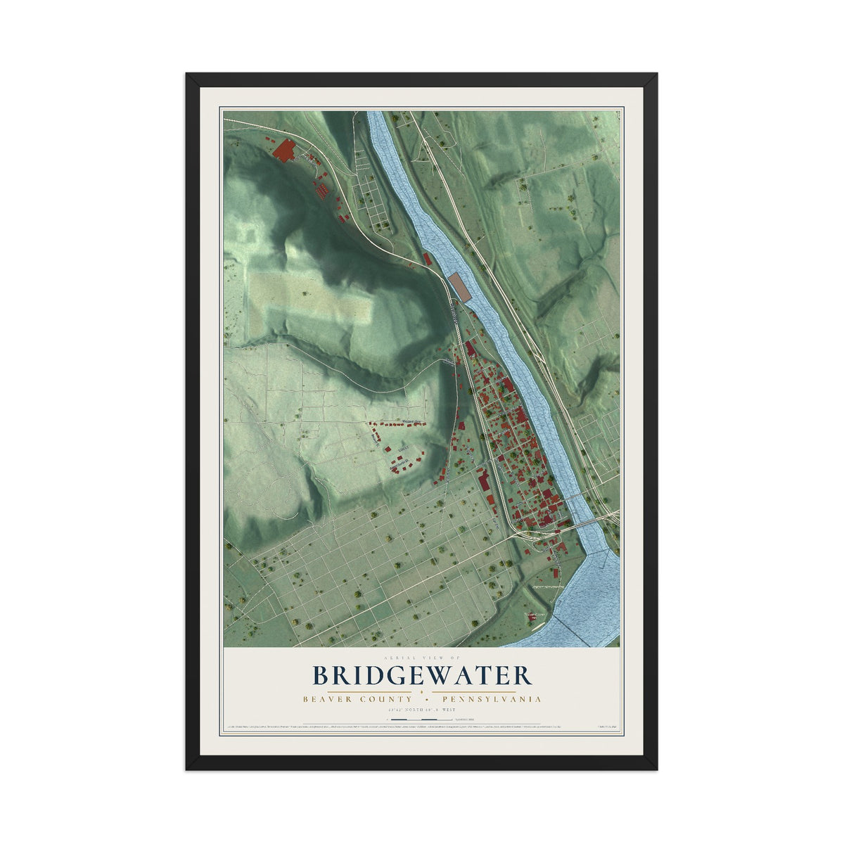 Map of Bridgewater, Beaver County, Pennsylvania, 12 x 18 inch print in a black wood frame