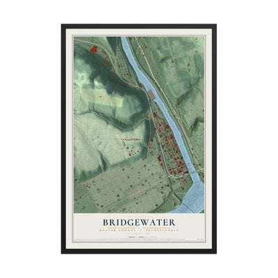 Map of Bridgewater, Beaver County, Pennsylvania, 12 x 18 inch print in a black wood frame