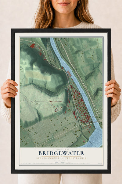 Map of Bridgewater, Beaver County, Pennsylvania, 18 x 24 inch print in a black wood frame