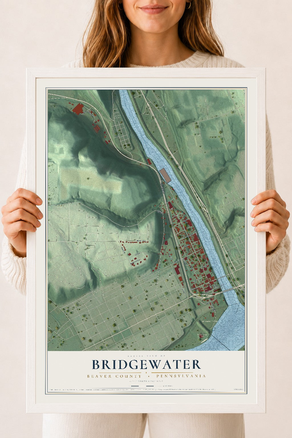 Map of Bridgewater, Beaver County, Pennsylvania, 18 x 24 inch print in a white wood frame