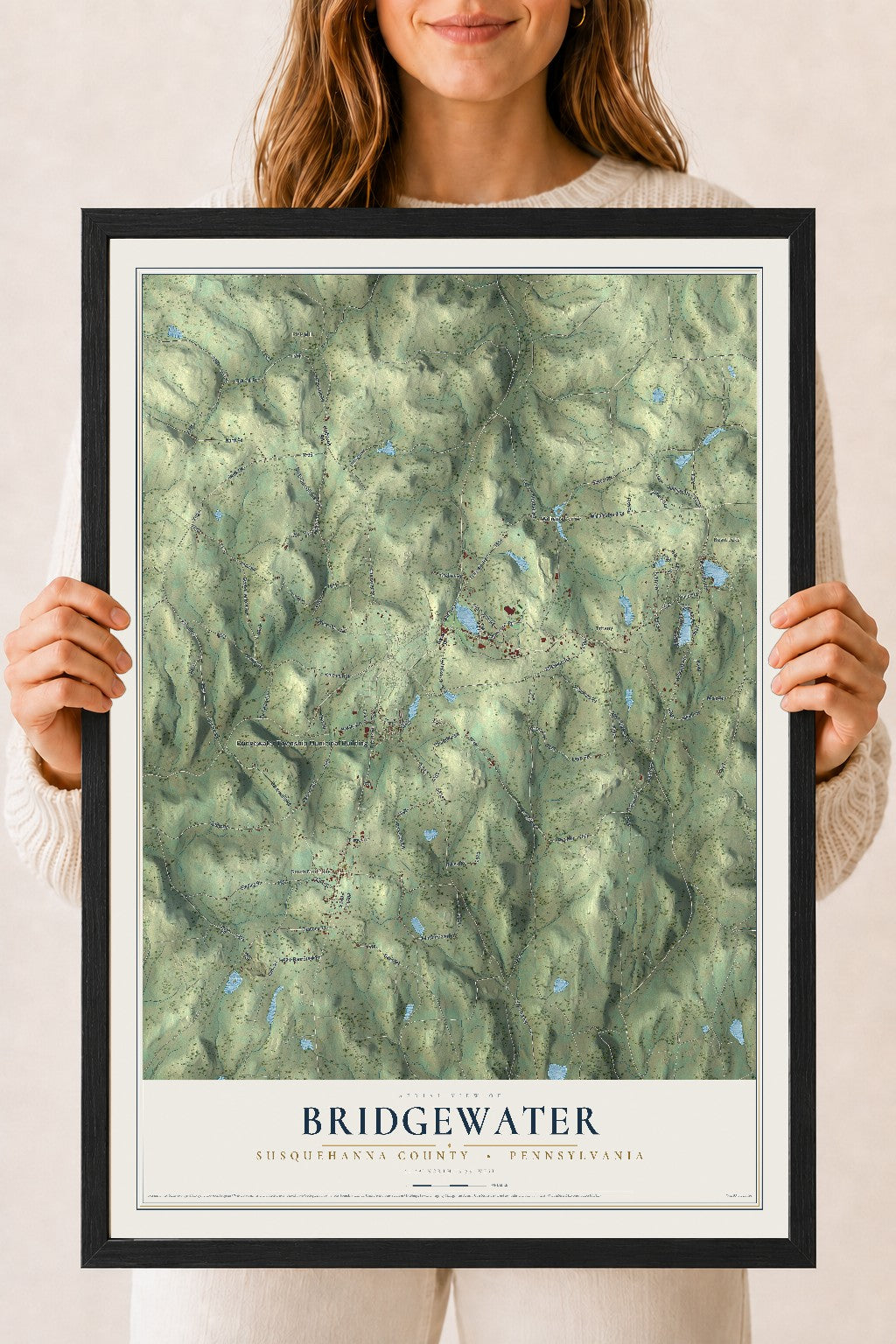 Map of Bridgewater, Susquehanna County, Pennsylvania, 18 x 24 inch print in a black wood frame