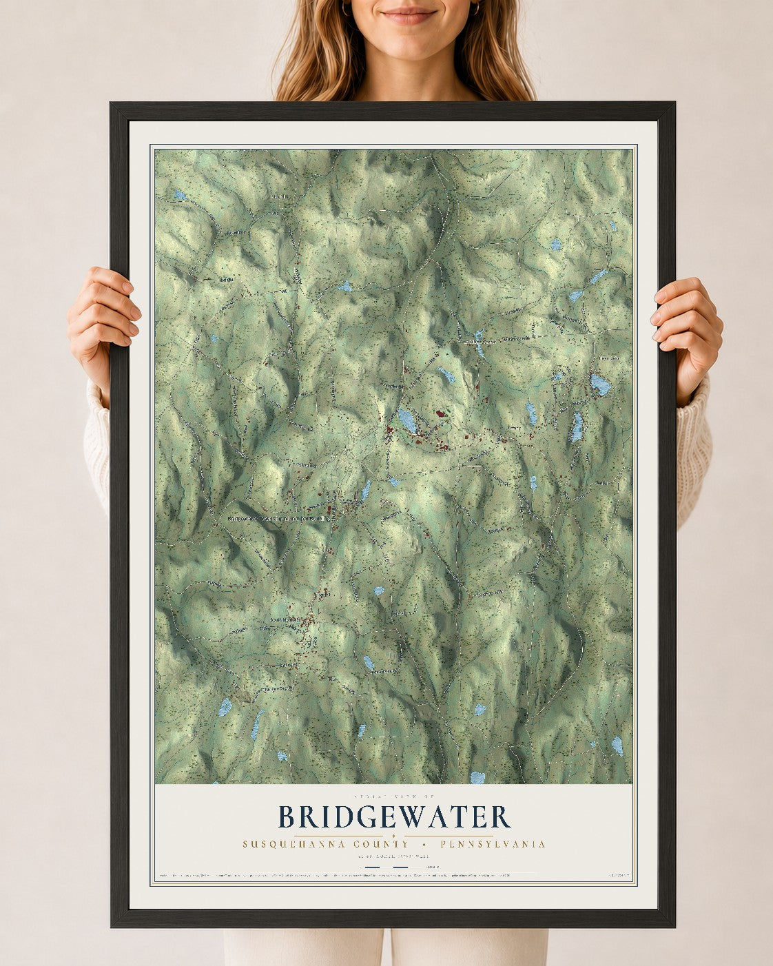 Map of Bridgewater, Susquehanna County, Pennsylvania, 24 x 36 inch print in a black wood frame