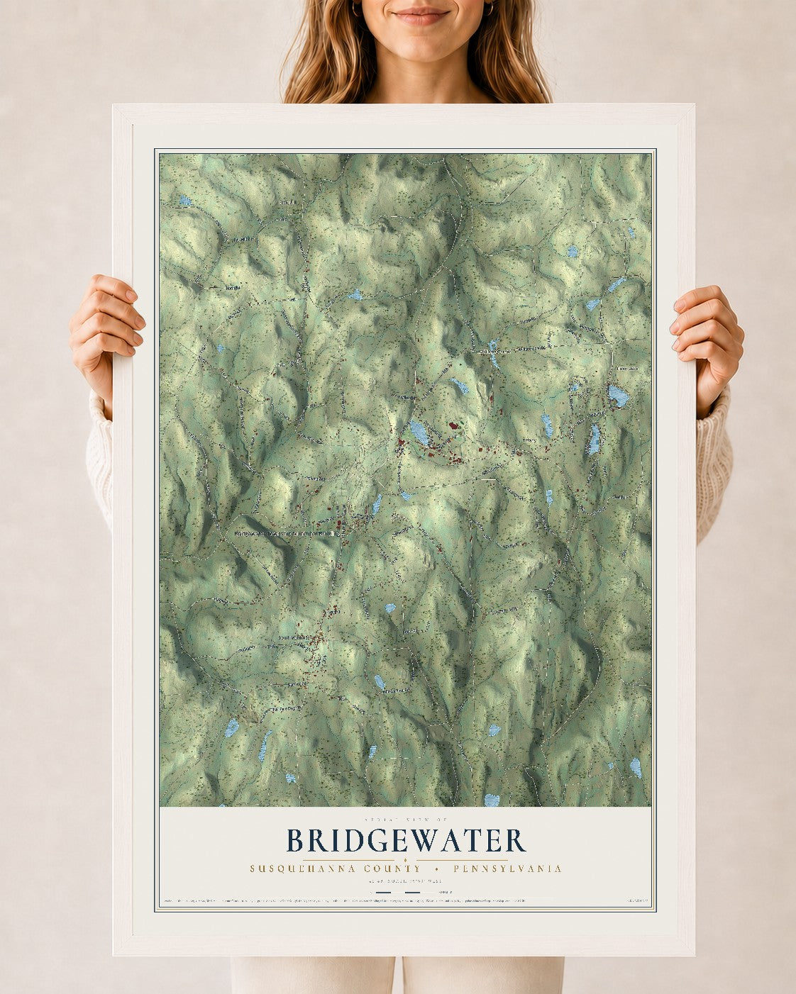 Map of Bridgewater, Susquehanna County, Pennsylvania, 24 x 36 inch print in a white wood frame