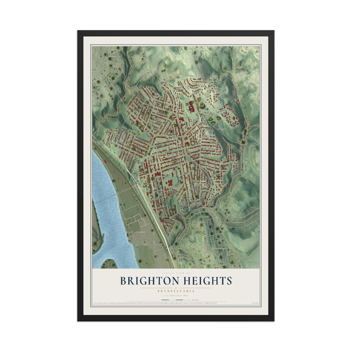 Map of Brighton Heights, Pennsylvania, 12 x 18 inch print in a black wood frame