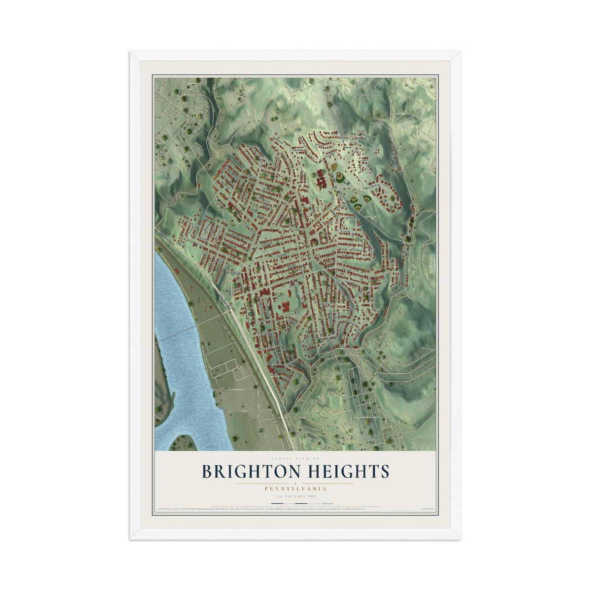 Map of Brighton Heights, Pennsylvania, 12 x 18 inch print in a white wood frame