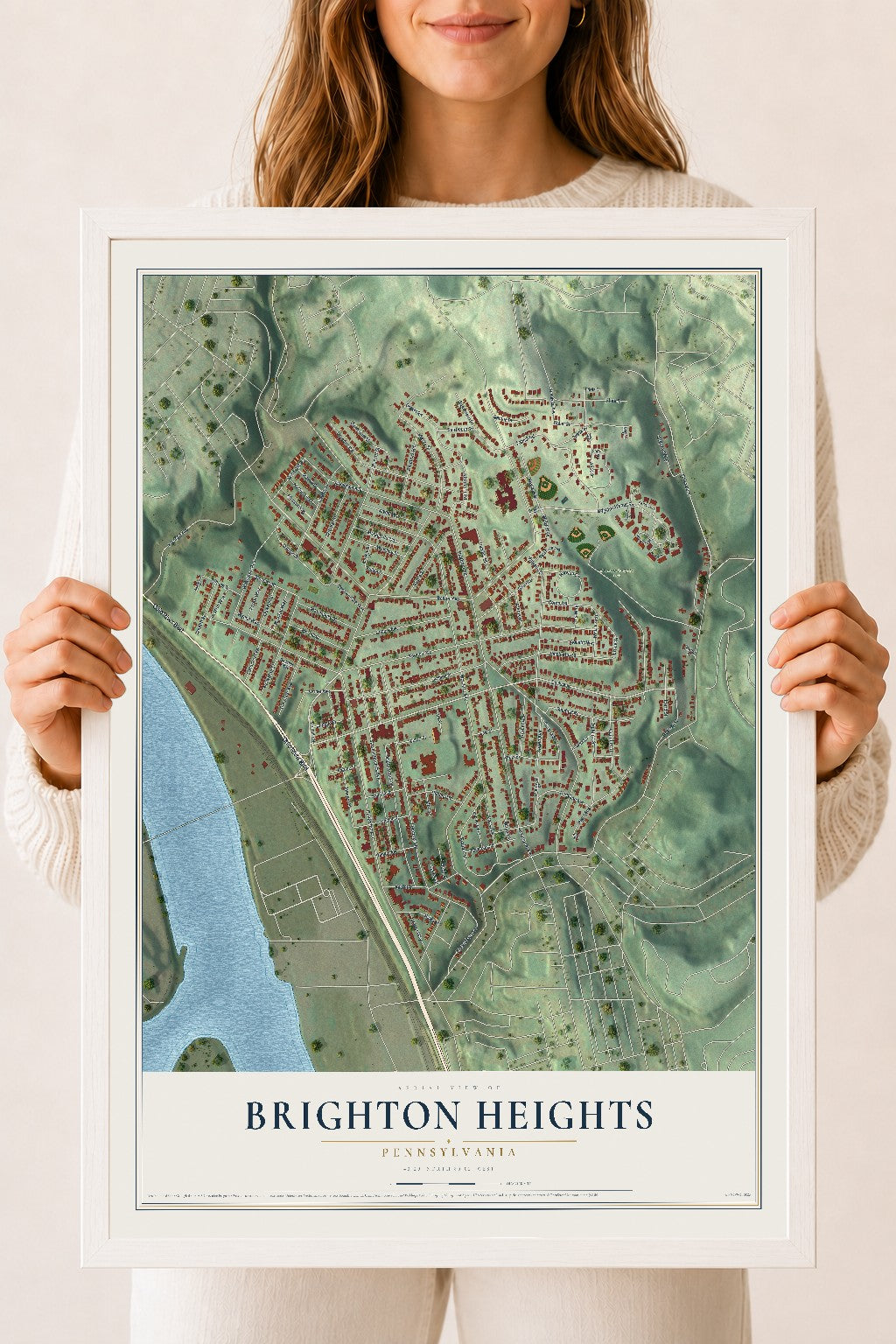 Map of Brighton Heights, Pennsylvania, 18 x 24 inch print in a white wood frame