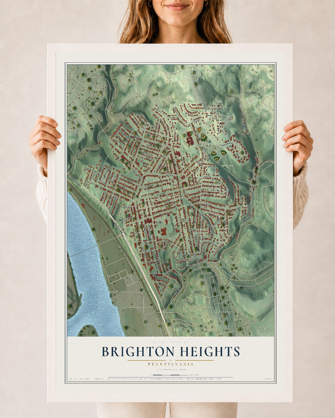 Map of Brighton Heights, Pennsylvania, 24 x 36 inch print in a white wood frame