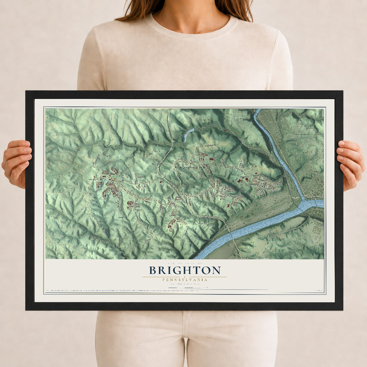 Map of Brighton, Pennsylvania, 12 x 18 inch print in a black wood frame