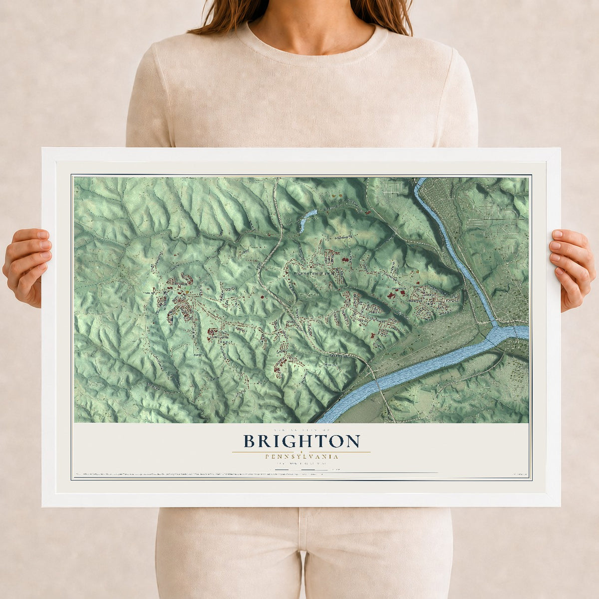 Map of Brighton, Pennsylvania, 12 x 18 inch print in a white wood frame