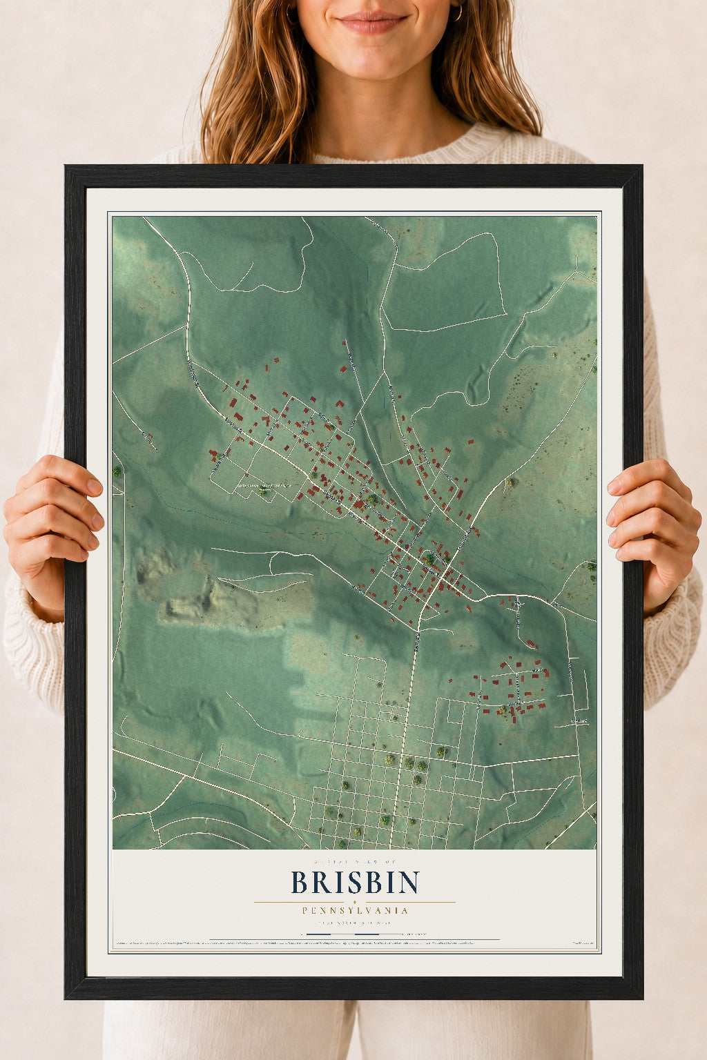Map of Brisbin, Pennsylvania, 18 x 24 inch print in a black wood frame
