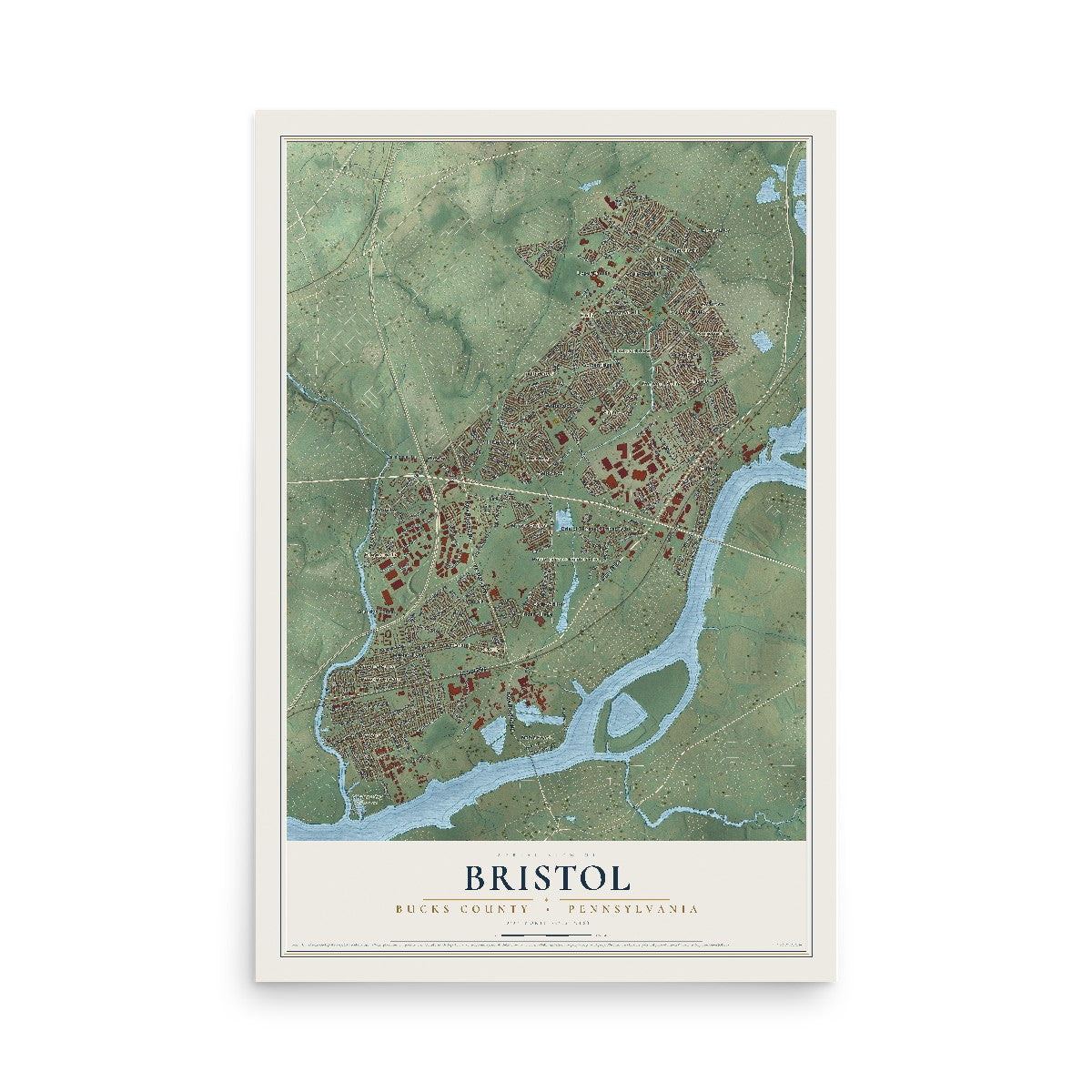 Map of Bristol, Bucks County, Pennsylvania, 12 x 18 inch unframed archival matte print