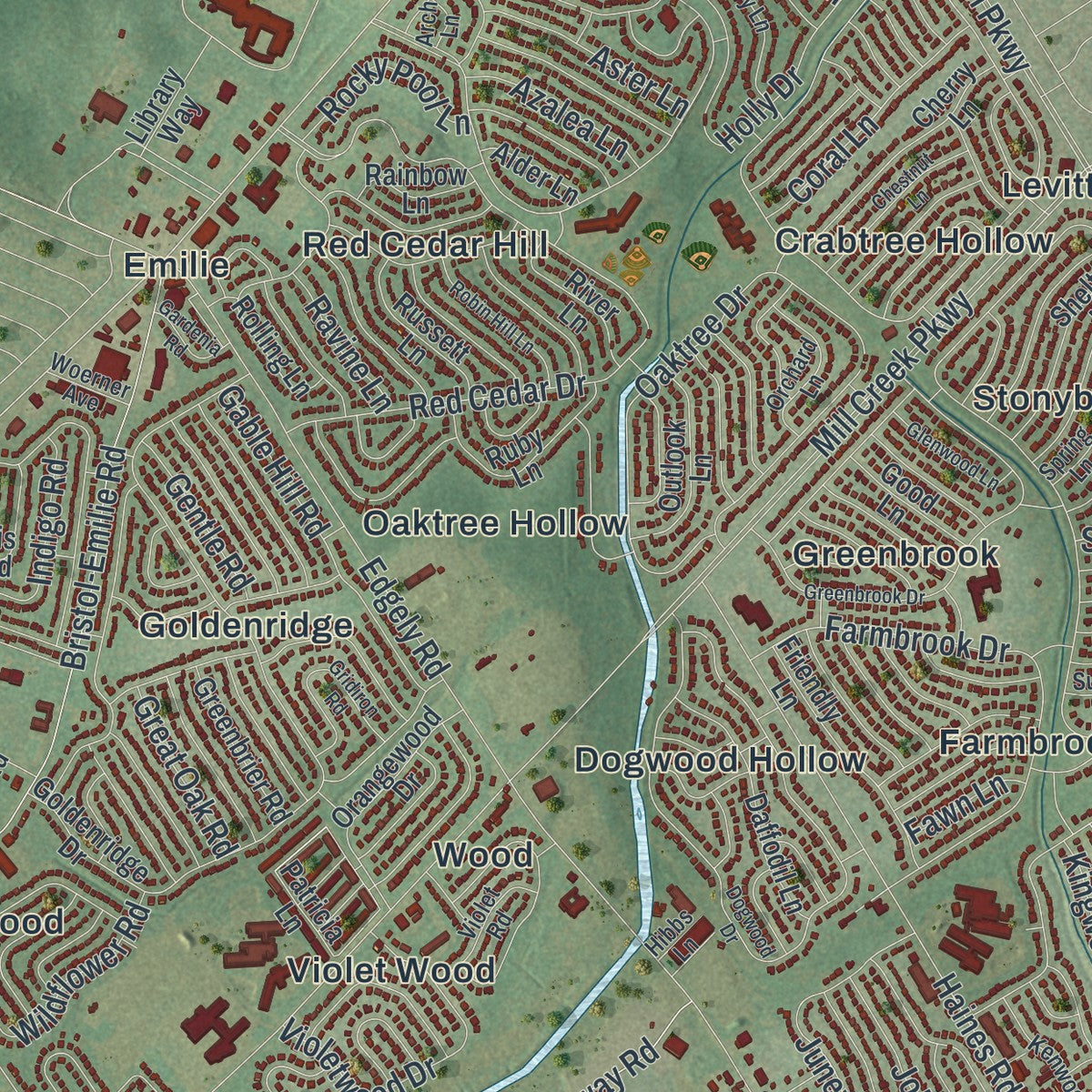 Close-up of the map of Bristol, Bucks County, Pennsylvania print showing street and building detail