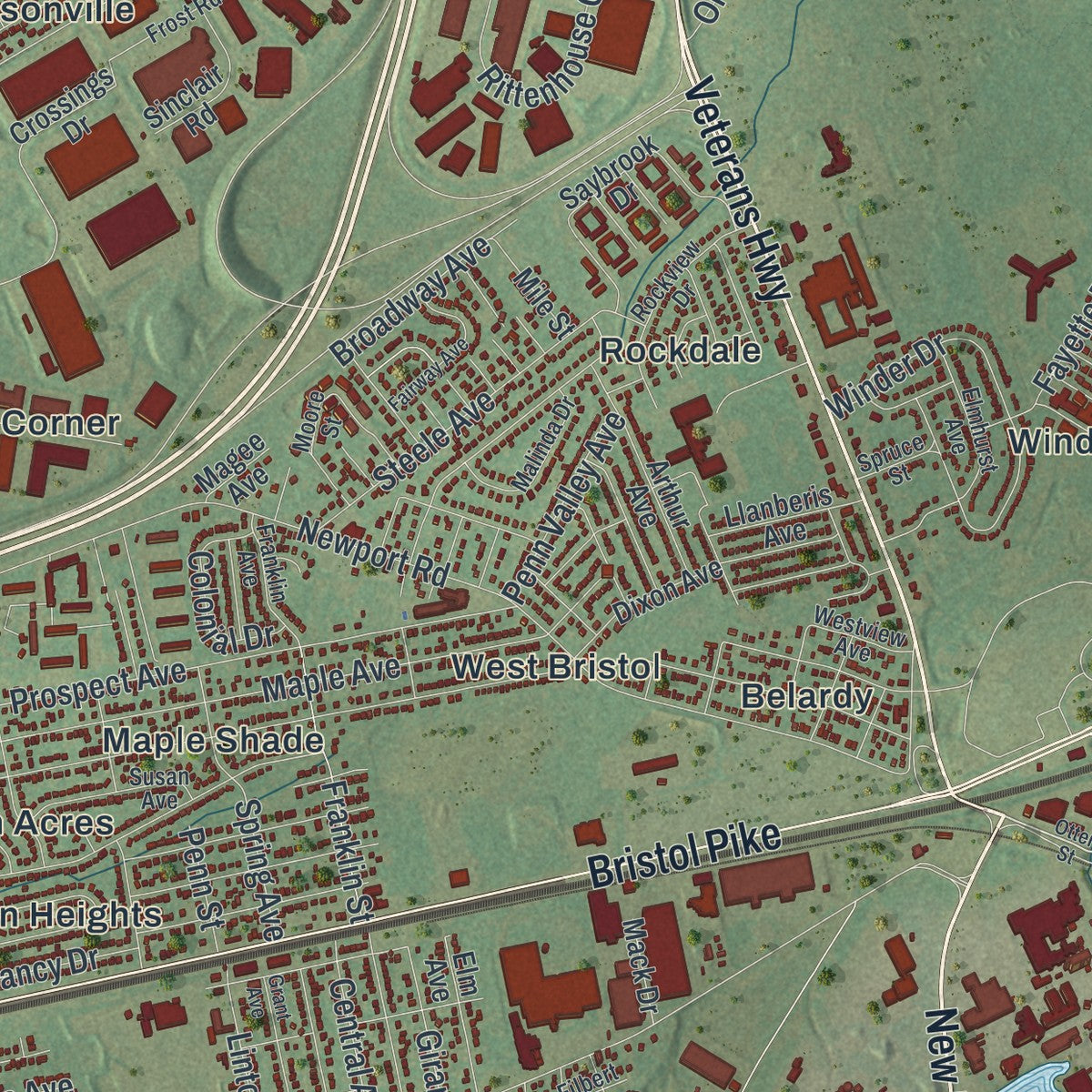 Second close-up of the map of Bristol, Bucks County, Pennsylvania print showing more streets and buildings