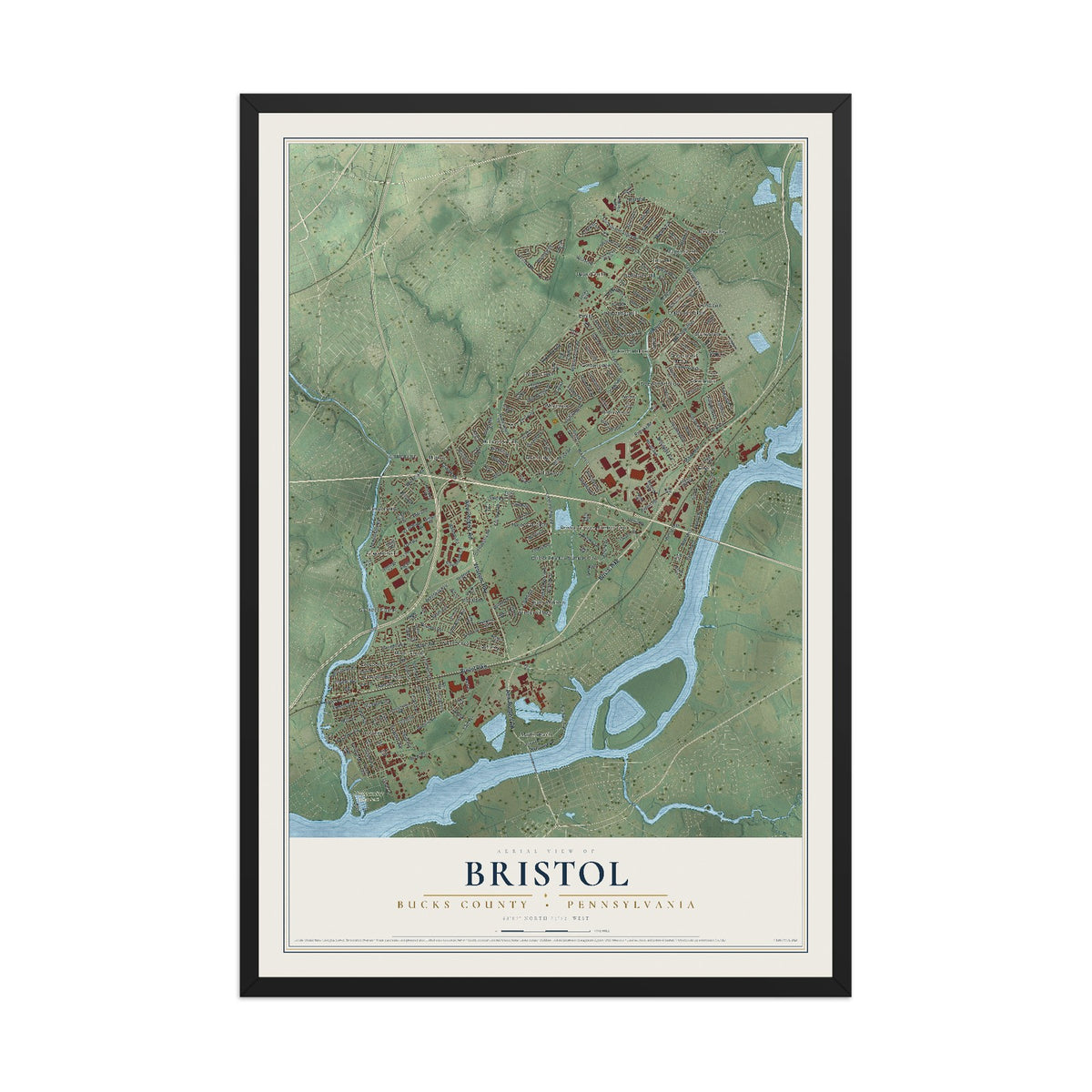 Map of Bristol, Bucks County, Pennsylvania, 12 x 18 inch print in a black wood frame