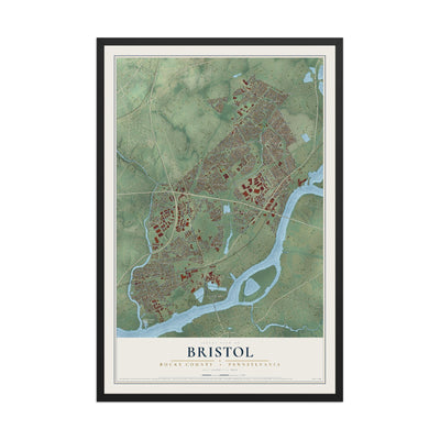 Map of Bristol, Bucks County, Pennsylvania, 12 x 18 inch print in a black wood frame